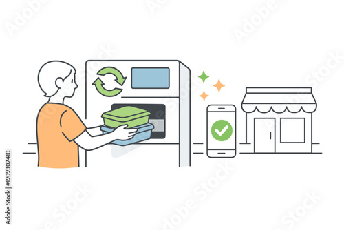 Young caucasian male recycling containers with smartphone app outside store