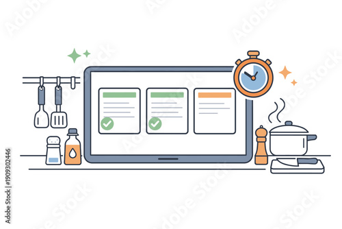 Digital recipe management: cooking tools and ingredients with kitchen timer on tablet