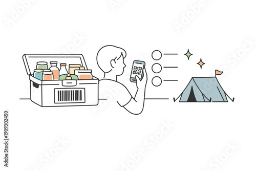 Caucasian male camping with qr code and supplies for outdoor adventure