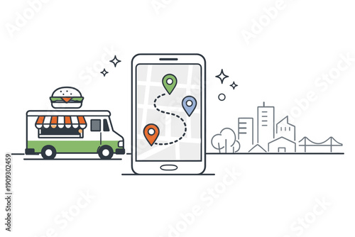 Mobile food truck locator app on smartphone with cityscape background