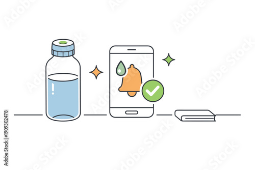 Medication reminder app on smartphone with bell notification and vial