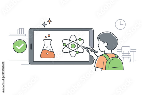 Male asian child engaging in digital learning with science tablet in classroom setting