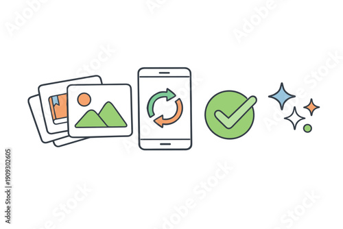Smartphone media backup and sync with illustration of photos, arrows, and checkmark