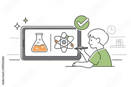 Young caucasian male learning science online with tablet illustration
