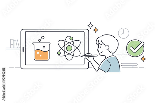 Young male engaged in science learning via tablet illustration