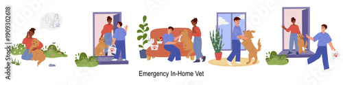 Veterinary house call scene with professional vet visiting injured dog at home. In-home emergency pet care, treatment for sick, injured animals. Vector illustration for clinic websites, services, apps