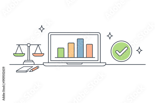 Business success concept: laptop with graphs, scale, checkmark, and sparkles