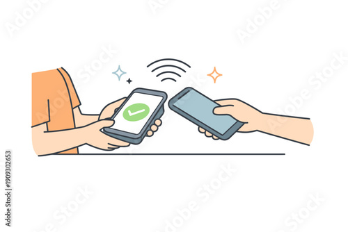 Two adult hands performing contactless payment with smartphones