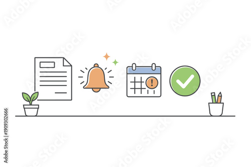Organizational icons: document, reminder, calendar, checkmark, plants
