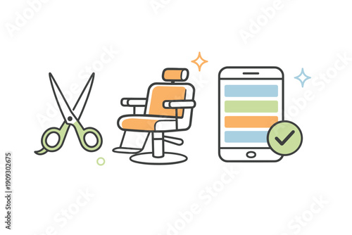 Barber shop appointment: scissors, chair, smartphone app icon