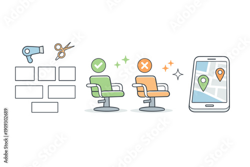 Online salon booking illustration with hairdryer, scissors, chairs, and mobile app