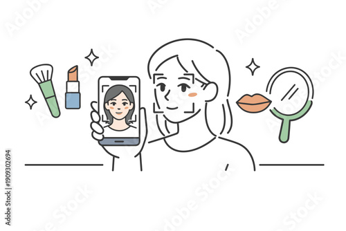 Young asian female using smartphone for makeup tutorial with beauty accessories