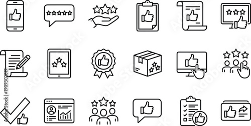 Customer feedback vector line icon set, illustrating quality rating, positive review, thumbs up approval, client satisfaction survey, and testimonial service symbols.
