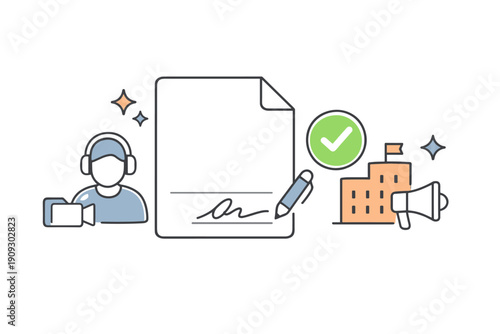 Illustration of sketched icons representing media creation, legal agreement, and educational institution