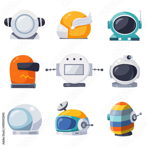 A set of variations of space helmet images that come out of imagination