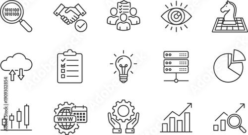Minimal line business analytics and strategy icons set with handshake cloud chart gear vector illustration