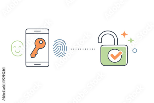 Smartphone biometric security: key, fingerprint, unlock icon