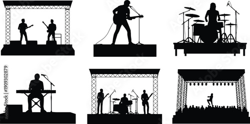 Live music performance silhouettes illustration, guitarists, drummers, keyboardist, singers on stage with truss lighting, concert ensemble artwork, entertainment concept