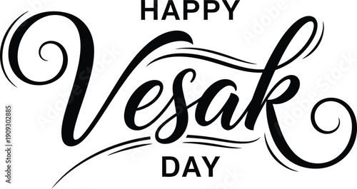 Happy Vesak Day celebration with elegant calligraphy and swirl design on transparent background