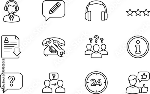 Customer Service And Technical Support Line Icon Set Featuring Call Center Agents, Help Desks, Frequently Asked Questions, Twenty Four Seven,
