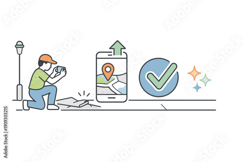 Illustrated scene of augmented reality navigation and city mapping technology