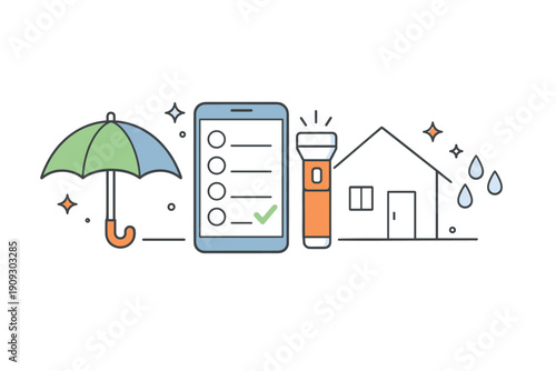 Emergency preparedness: checklist with umbrella, flashlight, and house illustration