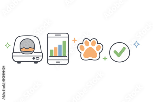 Smart pet care icons featuring automated feeder and mobile app integration