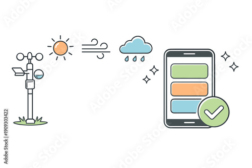 Weather station icon with smartphone app and meteorological elements