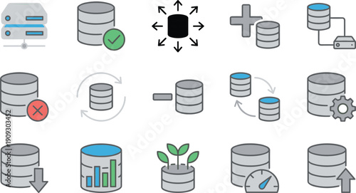 Database and server vector icon set, illustrating data storage, backup, synchronization, transfer, speed, analysis, security, and cloud computing infrastructure concepts.
