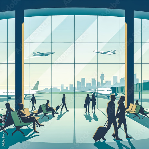 vector illustration of a modern airport terminal. Silhouettes of passengers with luggage wait for their flights, while airplanes are visible on the tarmac and taking off against a city skyline.