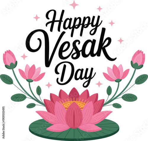 Happy Vesak Day celebration with pink lotus flowers and green leaves on transparent  background .