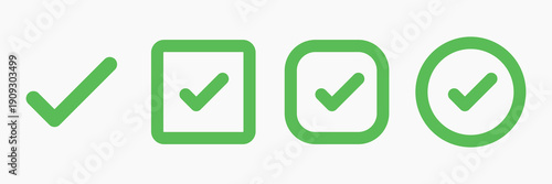 Set of green check marks in different styles: check mark, check mark in square, check mark in circle. Green check marks for approval, success, confirmation. Vector element set.
