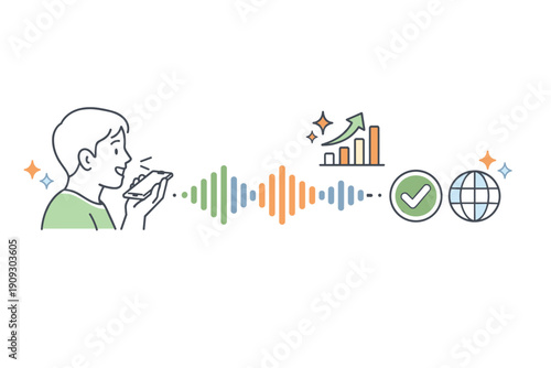 Young male using voice recognition technology with global connectivity elements