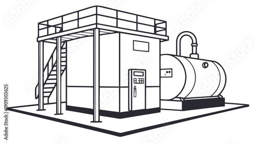 Industrial facility with storage tank and elevated platform.