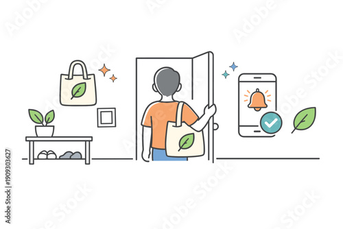 Young adult exiting eco-friendly home with reusable bag and smart home alert