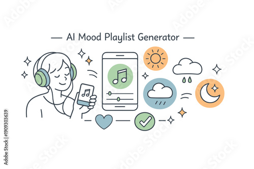 Ai mood playlist generator with music icons and happy listener