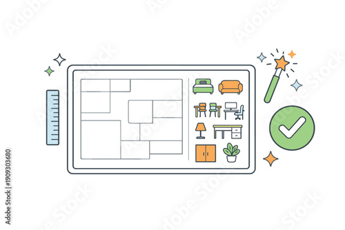 Digital interior design interface with furniture icons and floor plan