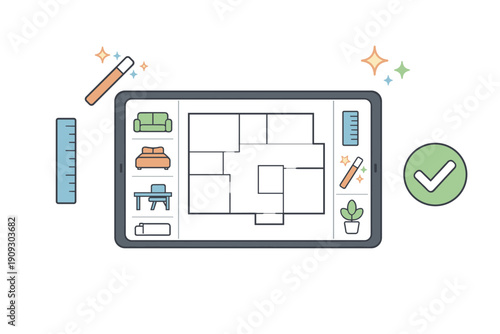 Digital interior design concept on tablet display with rulers and furniture icons