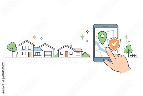 Hand with smartphone gps navigation in suburban neighborhood illustration