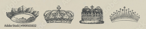 Illustration of four vintage crowns, each with unique designs. Crowns showcase intricate details, vintage style, and classic elegance. Perfect for royal themes. Vintage elements vector set.