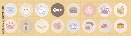 Cute cat icons featuring fish, yarn, and paws. Adorable cat-themed designs with fish, yarn, and paws. Perfect for cat lovers and pet-themed projects. Cute pet illustrations vector set.