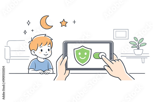 Child safety illustration: young caucasian boy monitored via tablet in living room