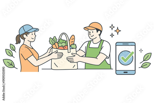 Grocery delivery interaction: female customer and male worker with mobile app confirmation