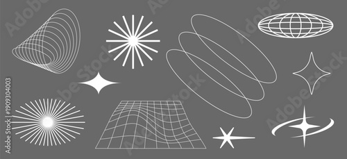 Abstract geometric shapes, including stars, grids, and ellipses, on a gray background. Geometric designs and abstract patterns create a modern look. Cool geometric shapes, element set. Vectors.