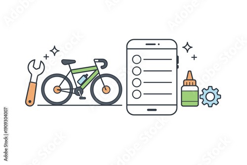 Bicycle maintenance tools and app icon illustration with repair items