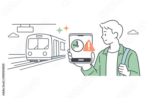 Young caucasian male checking train schedule on smartphone with alert notification