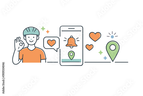 Cyclist teen boy with smartphone navigation app illustration