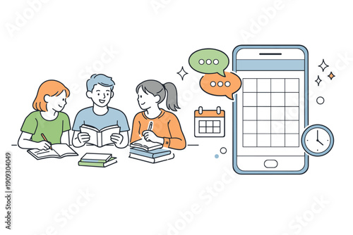 Young students studying together with digital scheduling tools