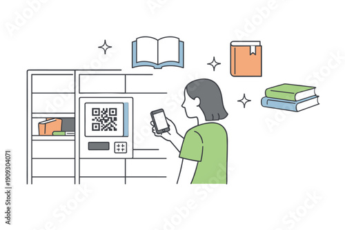 Female caucasian adult using locker with qr code for contactless book pickup at library