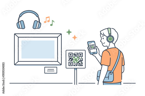 Young male scanning qr code with headphones in a modern interactive exhibit
